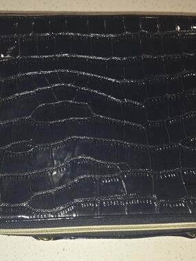 Estee Lauder Navy Patent Croc-Embossed Cosmetic Pouch with Gold Hardware